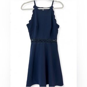 Navy Blue Fit & Flare Dress scalloped edges, cut out waist– Size 7